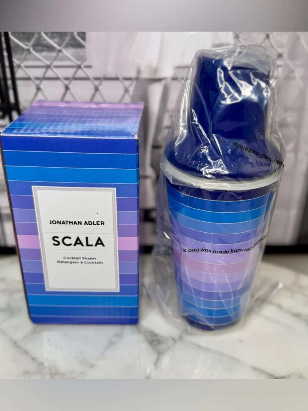 Jonathan Adler Striped Blue Gradient Cocktail Shaker MSRP 180$ men’s gift